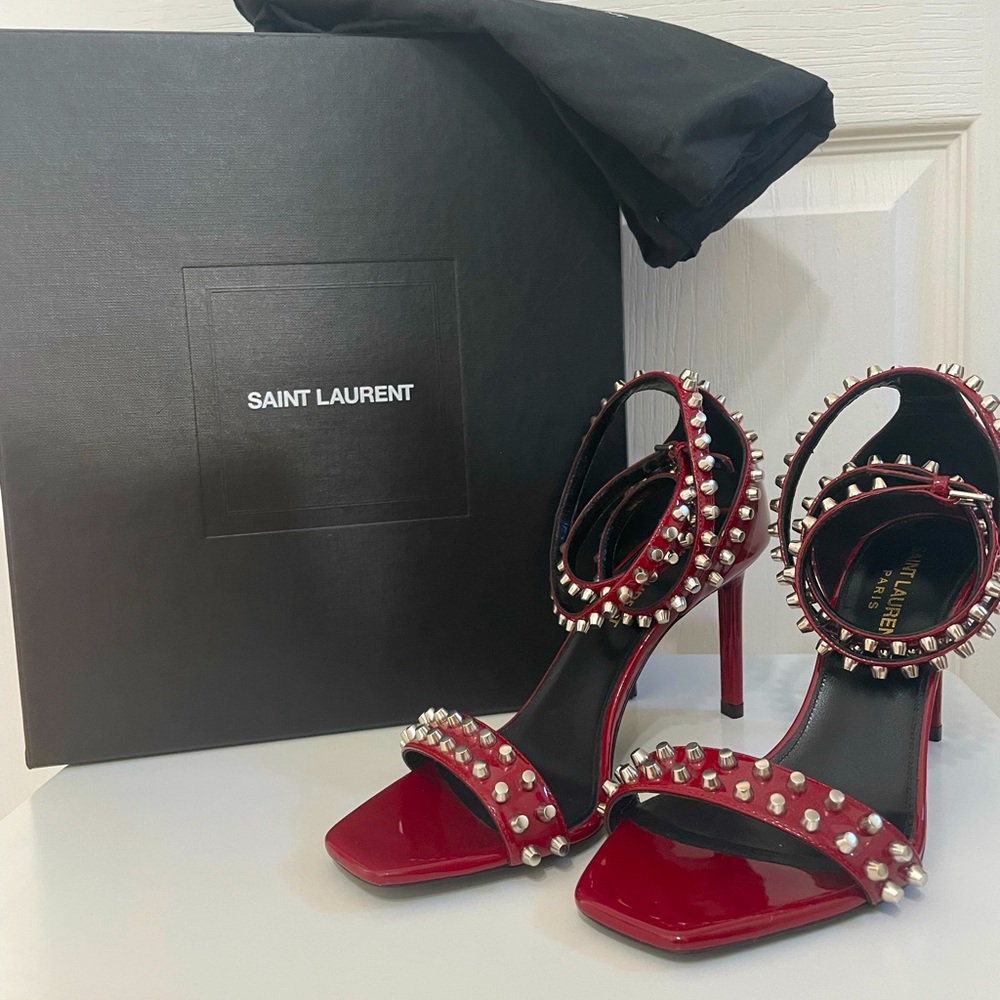 AUTHENTIC SAINT LAURENT Amber studs, deep red patent strappy heels
